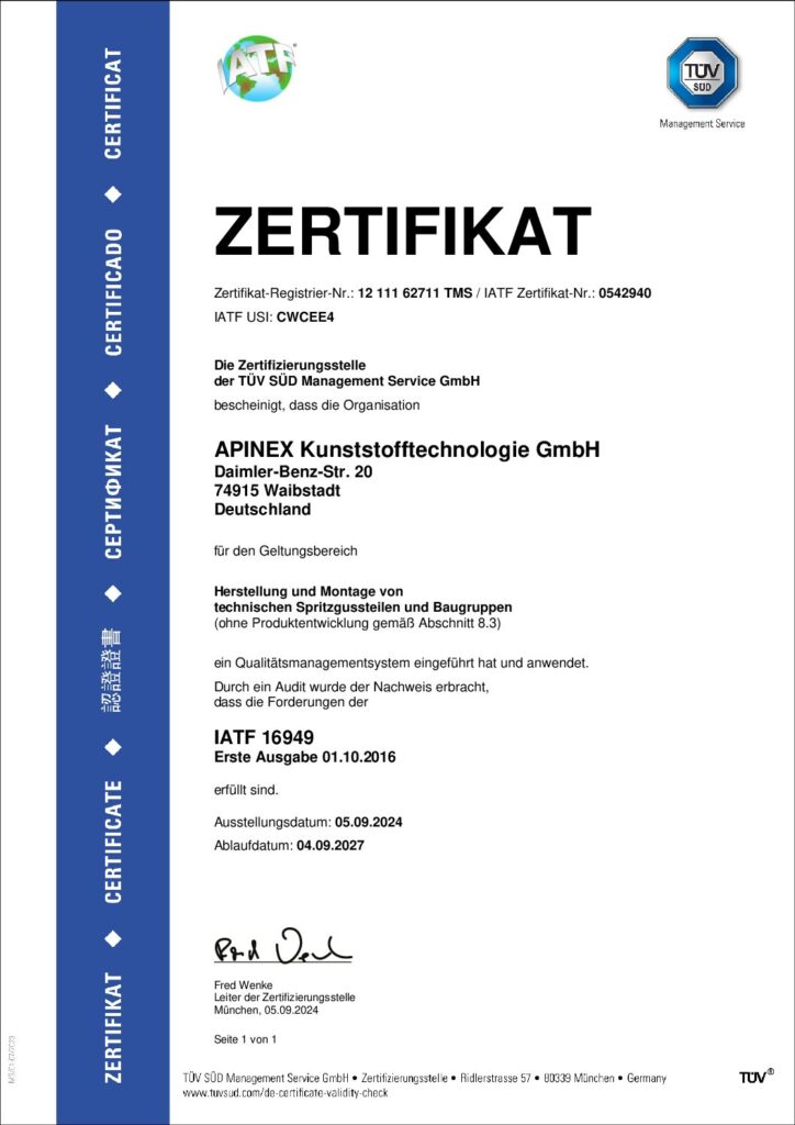 Apinex GmbH Zertifikat ISO/TS 16949:2009