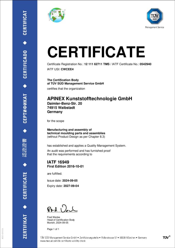 Apinex GmbH Zertifikat ISO/TS 16949:2009