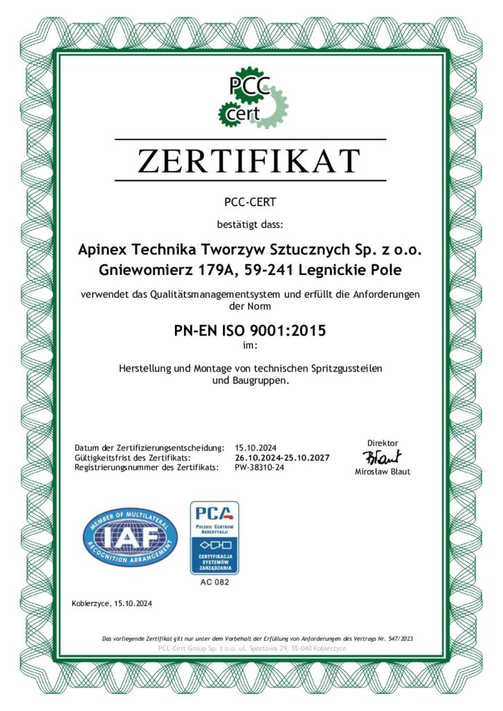 Apinex GmbH Zertifikat ISO/TS 16949:2009