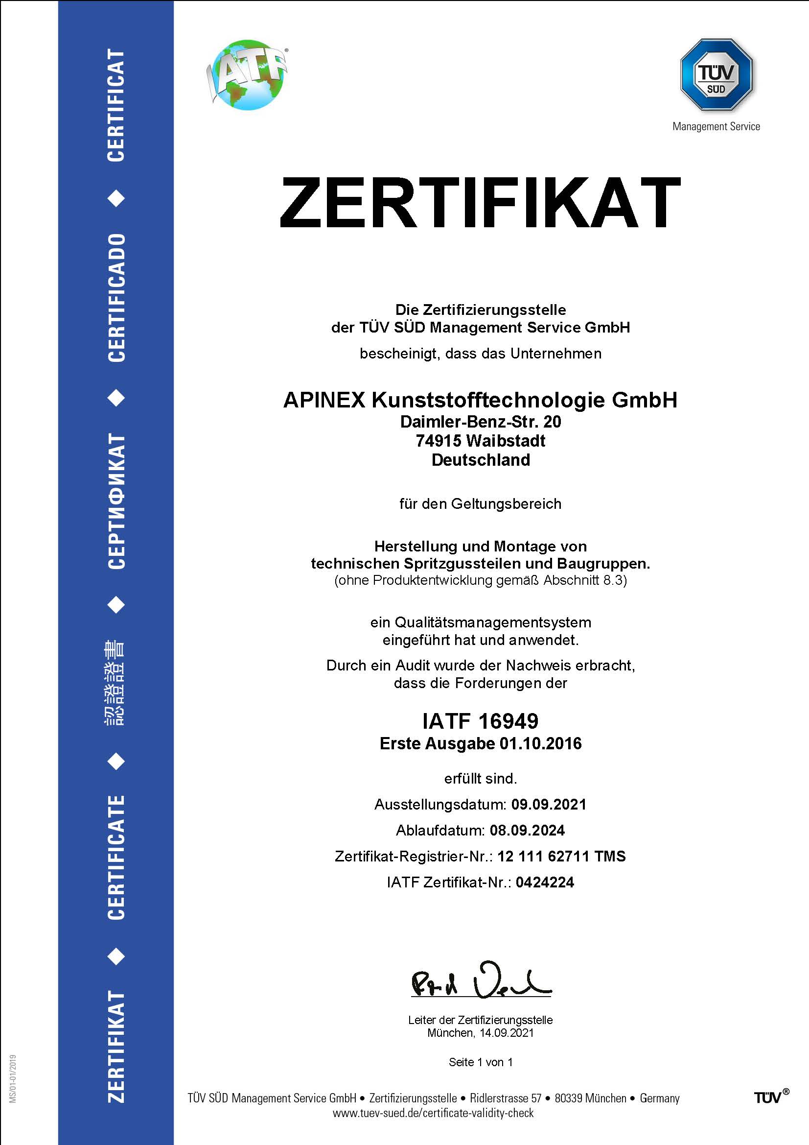 Apinex GmbH Zertifikat ISO/TS 16949:2009