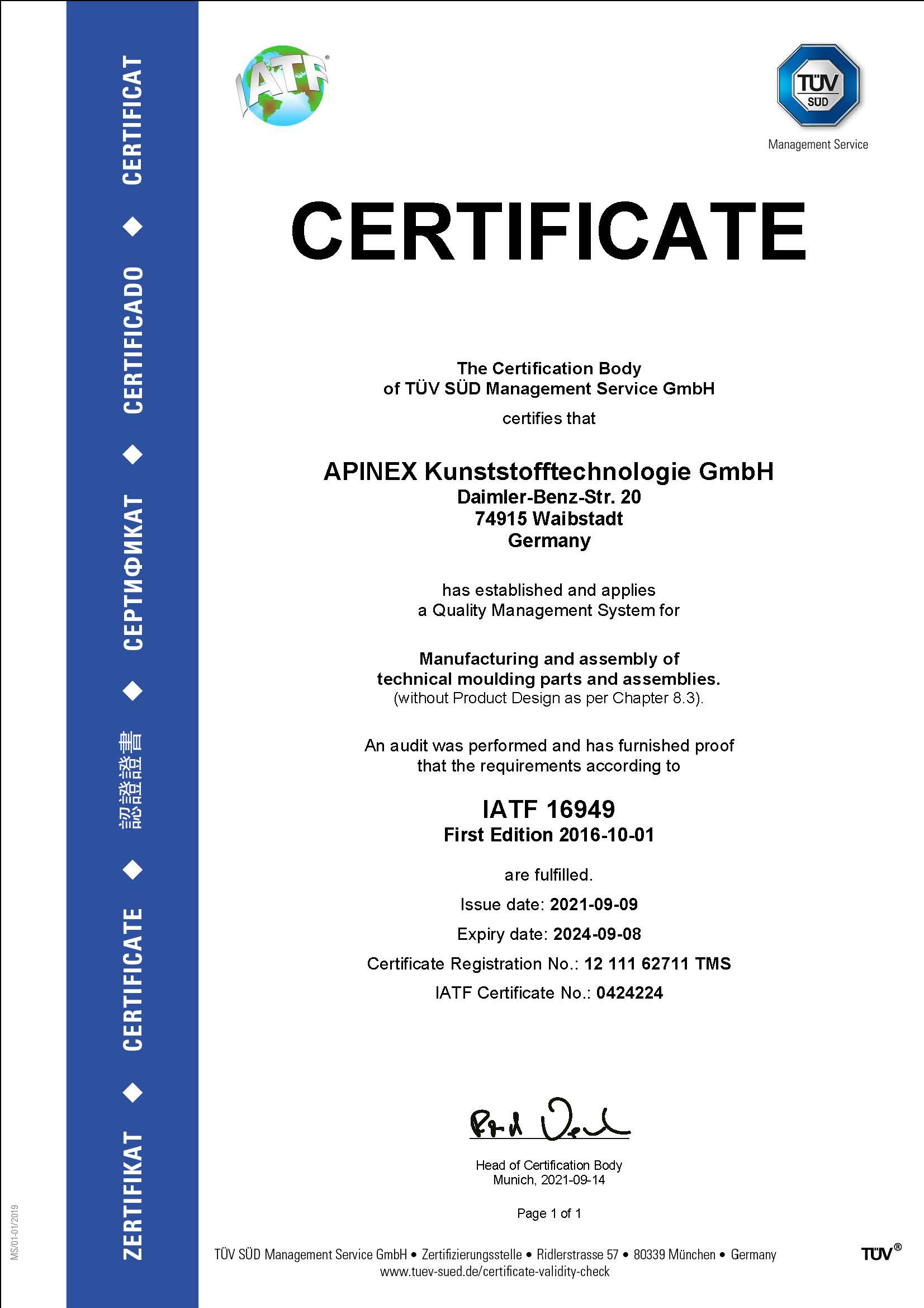 Apinex GmbH Zertifikat ISO/TS 16949:2009