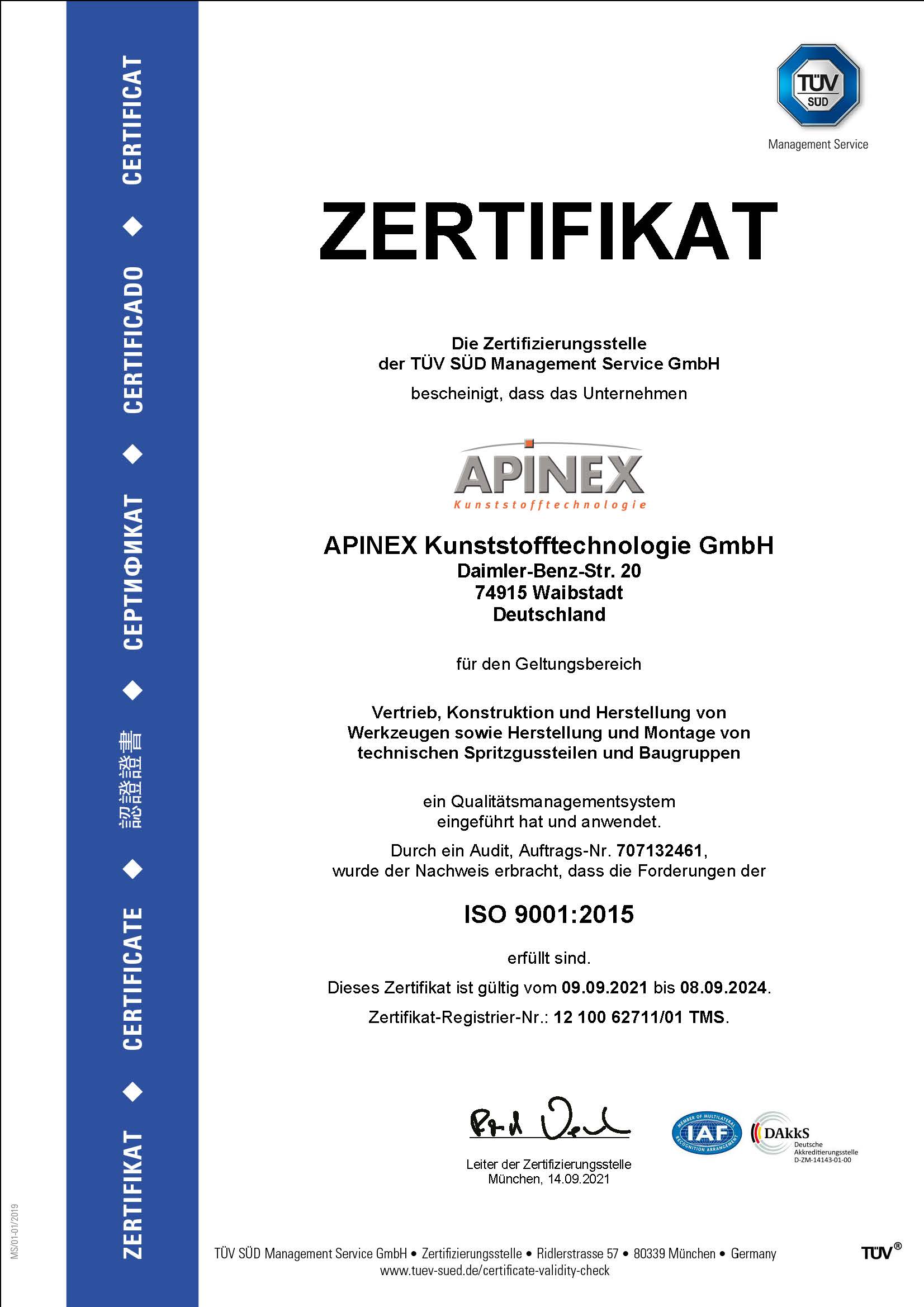 Apinex GmbH Zertifikat ISO9001:2008