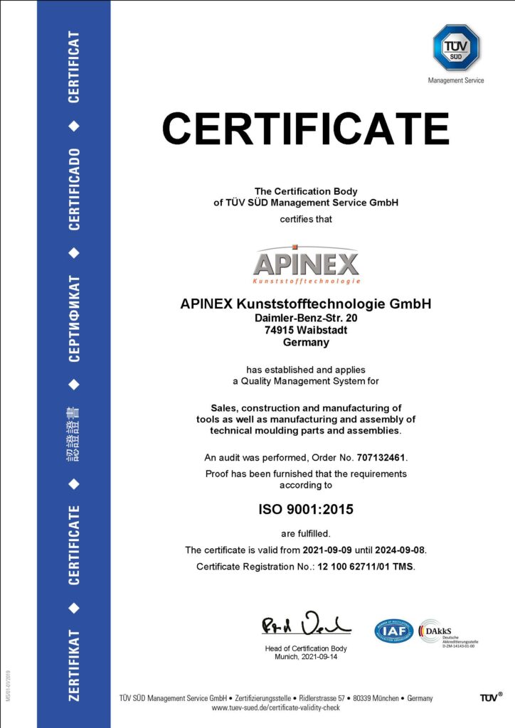 Apinex GmbH Zertifikat ISO/TS 16949:2009